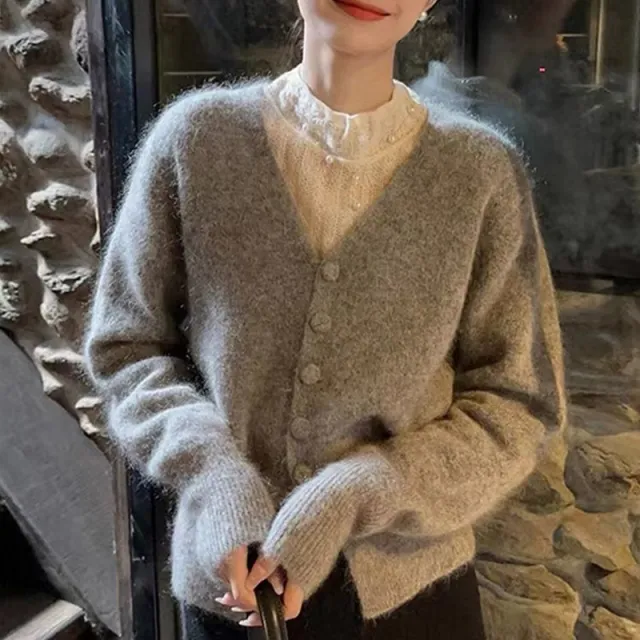 Loose Western Style V neck Casual Fitted Waist Sweater Gray - Shop at LoveMi