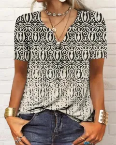 Loose Long Sleeve Floral V-neck T-shirt Bottoming Shirt Women's Clothing - Pattern 4 Short Sleeve - View 1