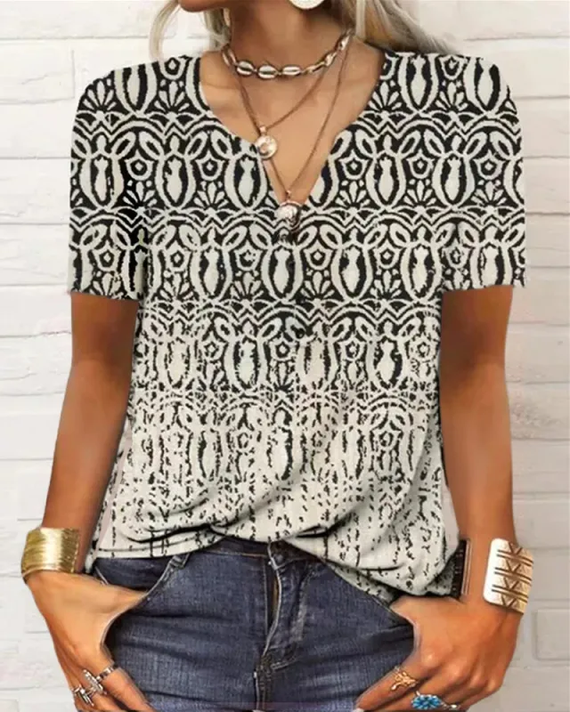 Loose Long Sleeve Floral V neck T shirt Bottoming Shirt Women's Clothing Pattern 4 Short Sleeve - Shop at LoveMi