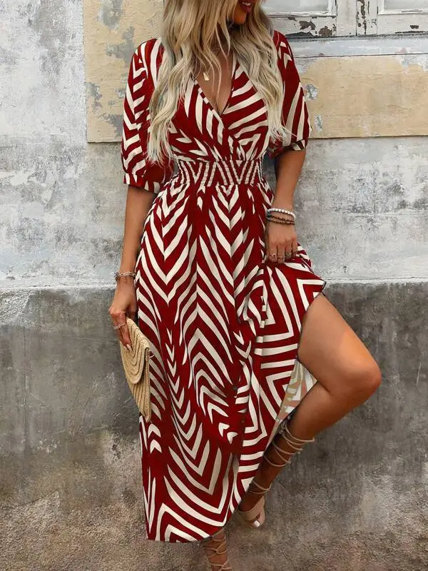 Loose Women's Wear Elegant Style Random Printing Tie dye Large Swing Dress Wine Red - Shop at LoveMi