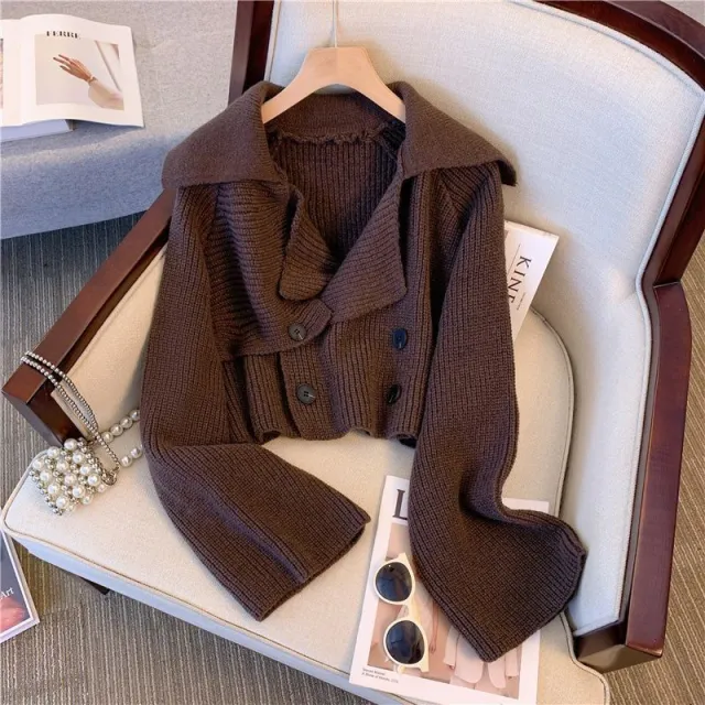 French Lazy Style Lapel Chic Long Sleeve Sweater Brown - Shop at LoveMi
