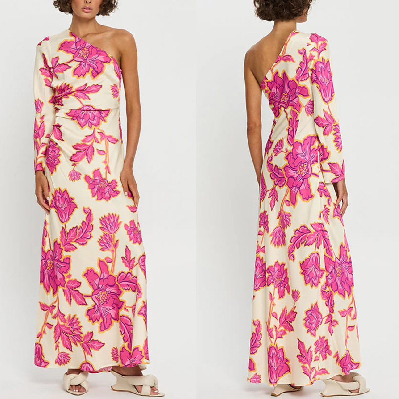 Fashion Distinctive Rose Printed Satin Dress Women