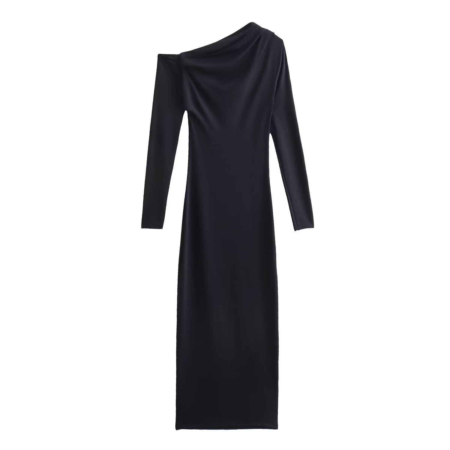 European And American Style Diagonal Collar Long Sleeve High Waist Mid-length Dress