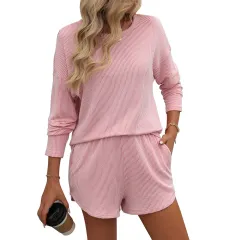 Women's Twist Strip Long Sleeve Shorts Striped Two-piece Suit - Pink - View 1