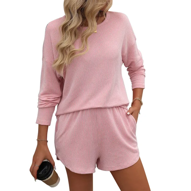 Women's Twist Strip Long Sleeve Shorts Striped Two piece Suit Pink - Shop at LoveMi