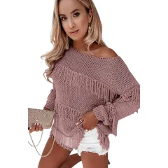 Women's Sweater All-matching Tassel Knitted Long-sleeved Top - Pink - View 1