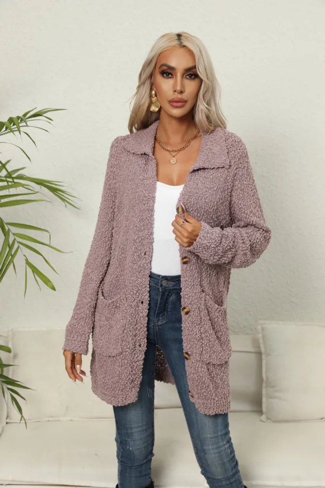 Pocket Button Lapel Knitwear Coat For Women Red - Shop at LoveMi