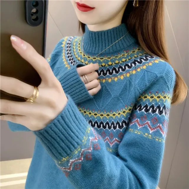 Autumn And Winter Blue Pullover Mock Neck Sweater Women's New Loose Peacock Blue - Shop at LoveMi