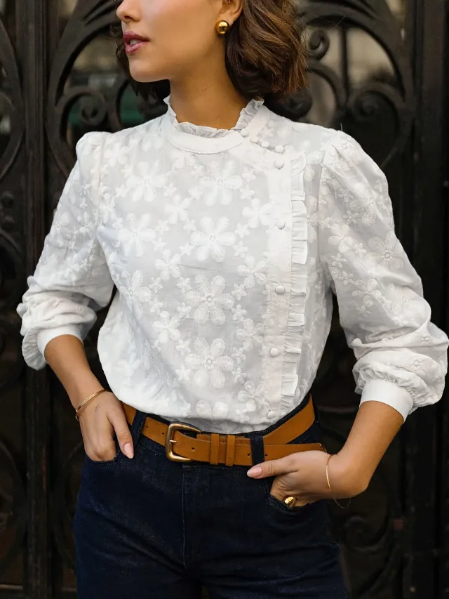 Women's Buttoned Ruffled edge Embroidered Blouse White - Shop at LoveMi
