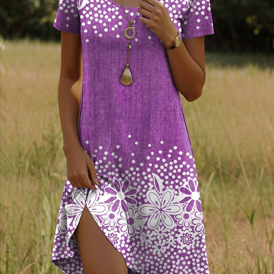 Polka-dot Floral Mid-length Dress With Short Sleeves And A Round Neckline