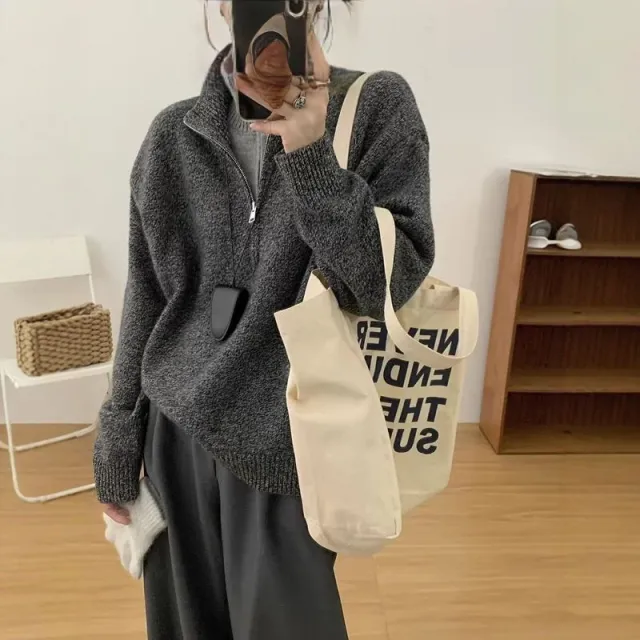 Casual Versatile Loose False Two Pieces Advanced Design Sweater Dark Gray - Shop at LoveMi