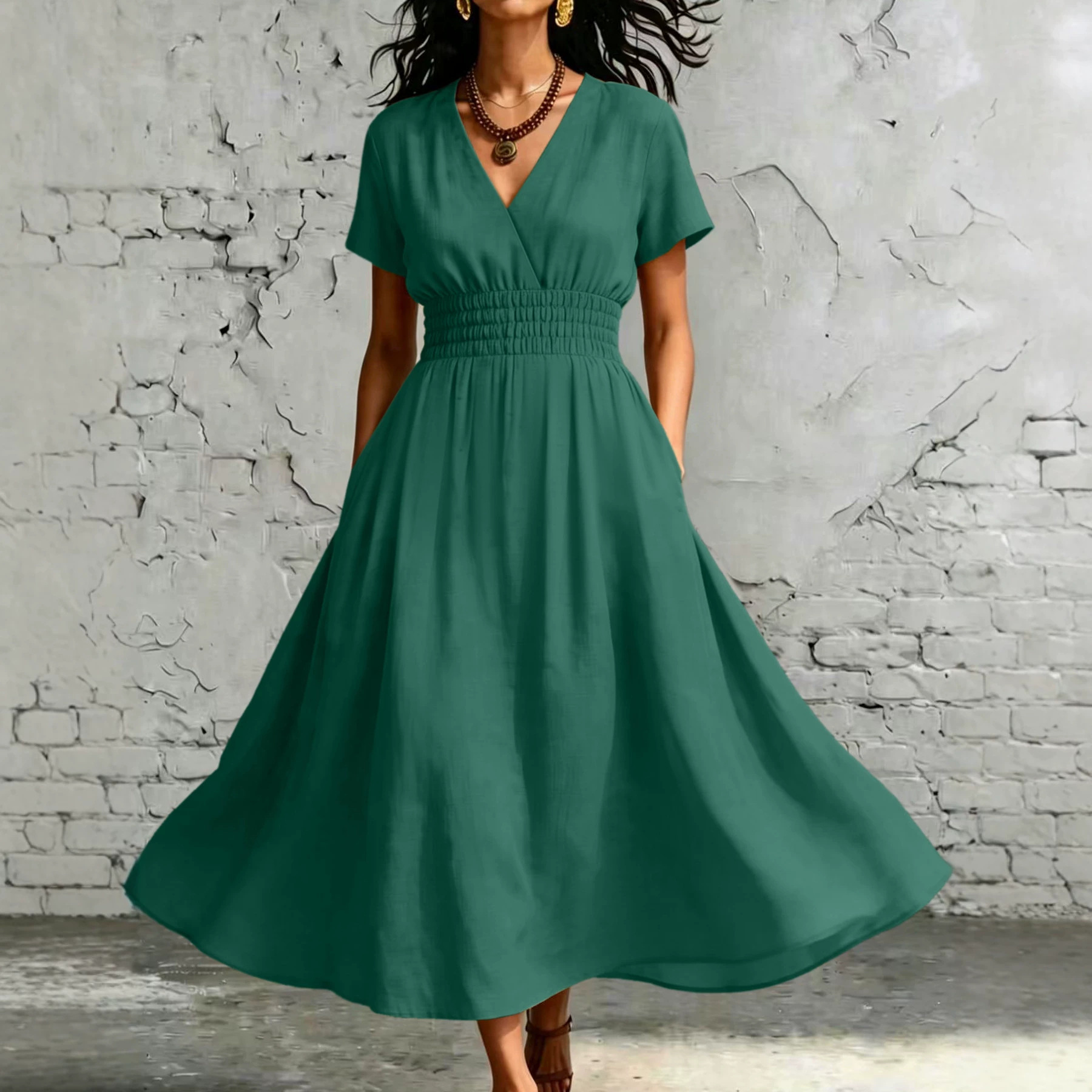 Women wearing solid color V-neck midi dress with elastic waist and flared sleeves – front view
