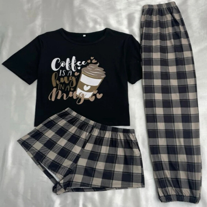 Three-piece Pajamas Women's Cartoon Plaid Shorts Trousers Home Wear