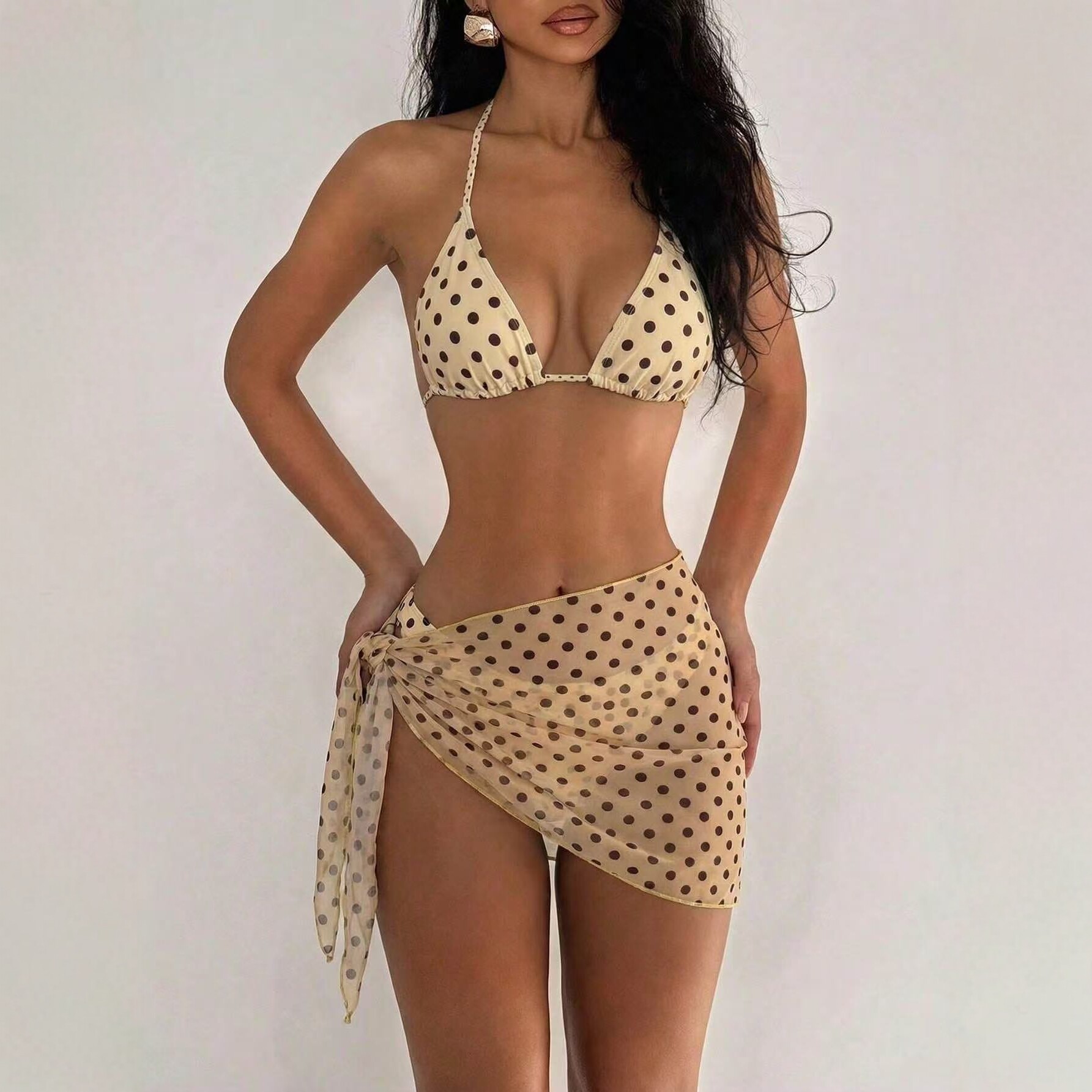 Polka-dot Halter Bikini Three-piece Set, Vintage Style