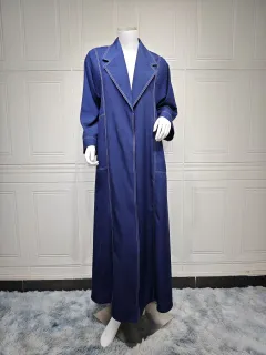 Loose Plus Size Slimming Contrast Colour Open Line Denim Long Trench Coat - Blue - View 1