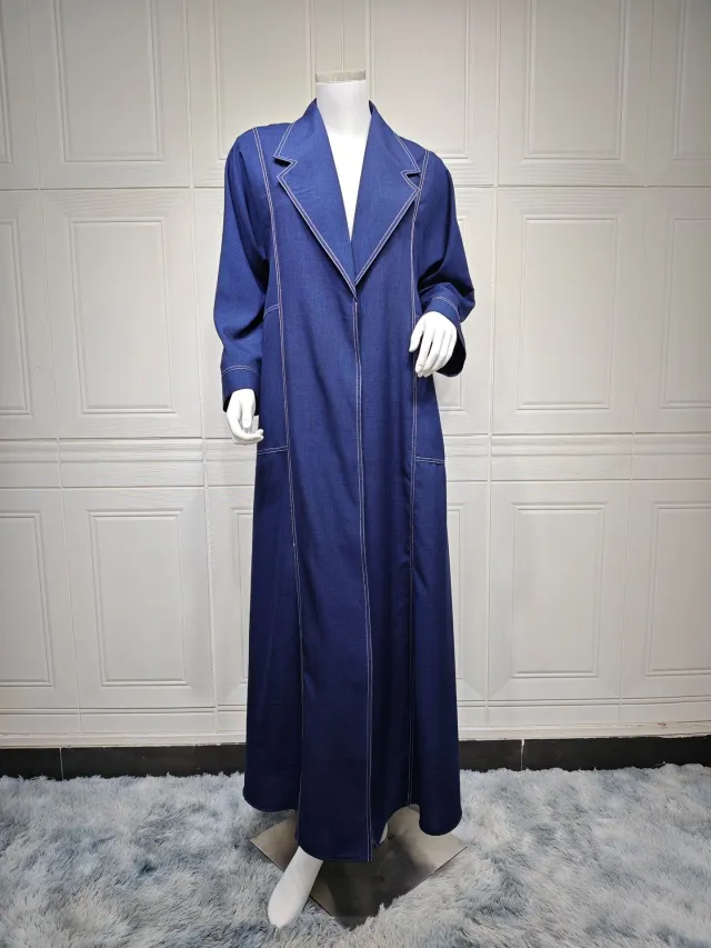 Loose Plus Size Slimming Contrast Color Open Line Denim Long Trench Coat Blue - Shop at LoveMi