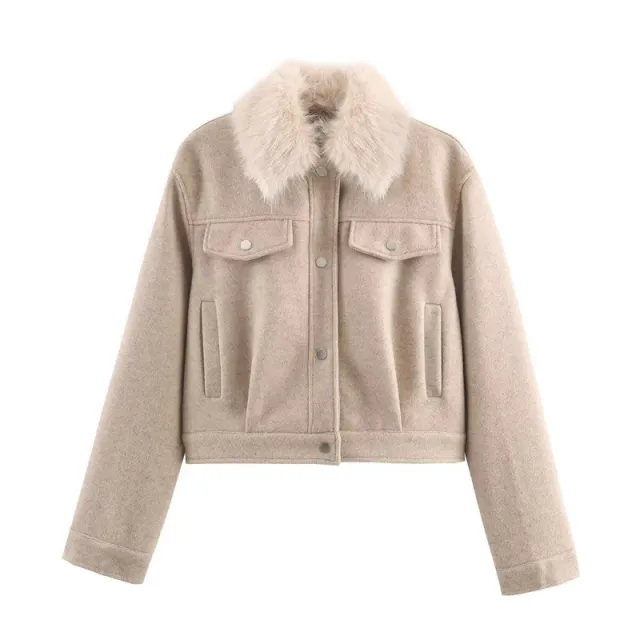 Women's Wool Lapel Single breasted Long Sleeve Pocket Trim Jacket Khaki - Shop at LoveMi