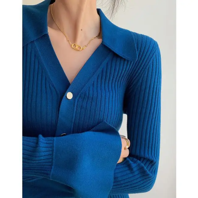 Fashionable Temperament Solid Color V neck Knitted Cardigan Blue - Shop at LoveMi