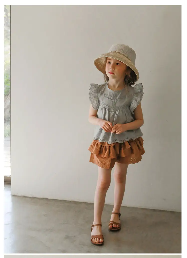 Girls Sleeveless Hollow Out Flounced Sleeve Strawberry Shan Top T-shirt