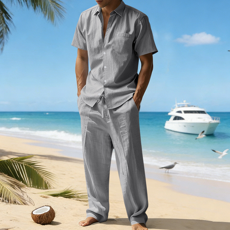 Linen Lapel Short-Sleeve Shirt And Casual Trousers Two-Piece Set For Men - Image 1