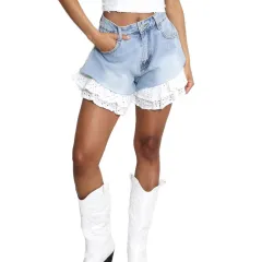 Straight-leg Denim Stitching Lace Women's Shorts - Sky Blue - View 1