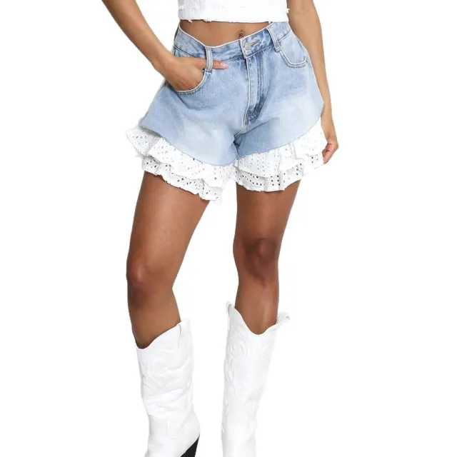 Straight leg Denim Stitching Lace Women's Shorts Blue - Shop at LoveMi