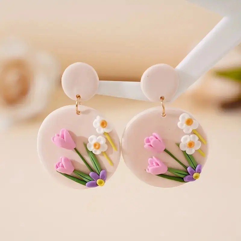 Handmade Polymer Clay Flower Pendant Earrings