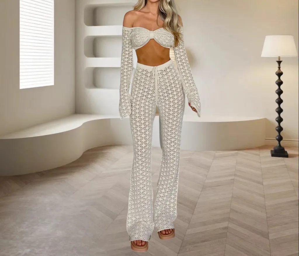 Sexy Cutout Tube Top Small Top Slim Trousers Knitting Suit - White