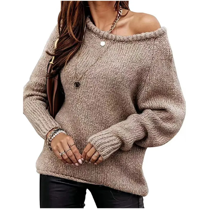 Strapless Round Neck Pullover Leisure Loose-fitting Oversized Sweater - Camel