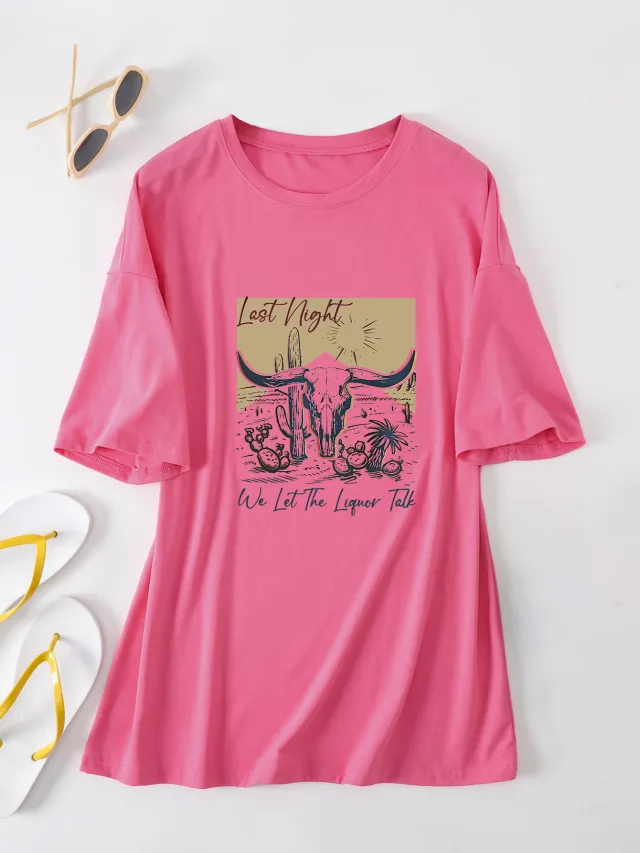 Casual Women's Round Neck Loose Short Sleeves Rose - Shop at LoveMi