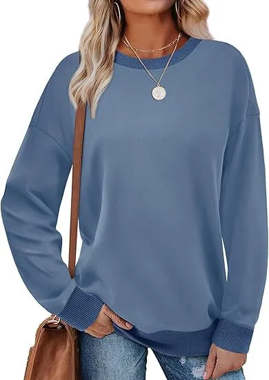 Women's Sweatshirt Crew Neck Long Sleeve Loose Color Matching Sea Blue - Shop at LoveMi