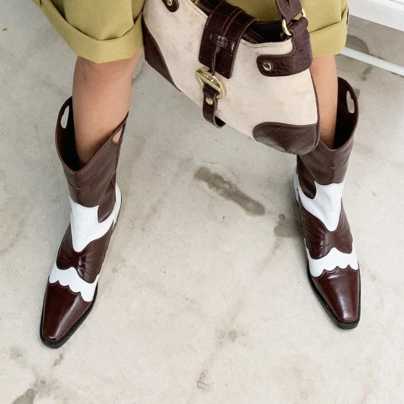 European Station Fashion Smoke Pipe Knee-high Boots Milk Pattern - Brown