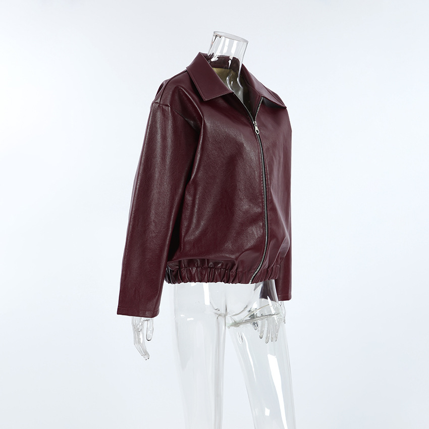 Title 5, Giacca in pelle opaca rosso vino stile biker re...