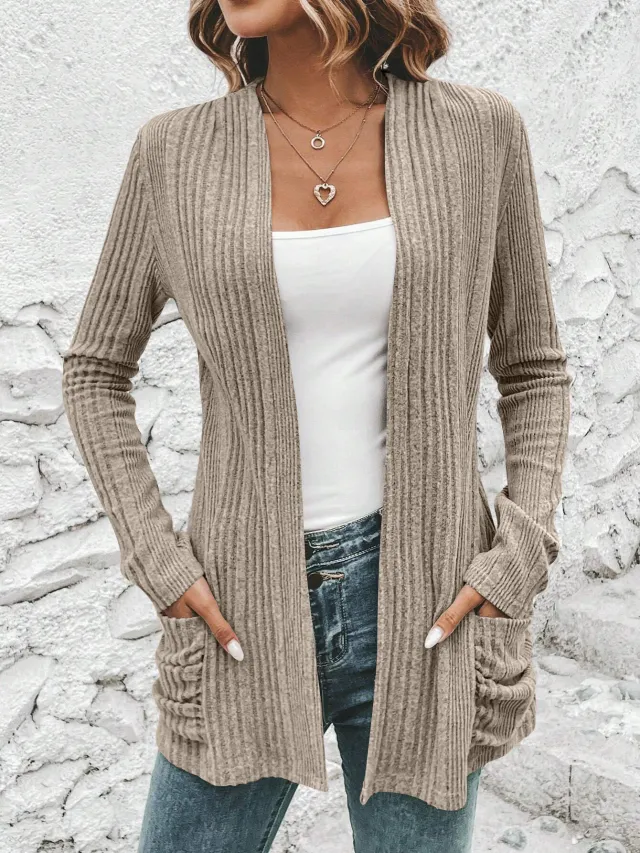 Autumn And Winter New Long Sleeve Solid Color Mid length Knitted Cardigan Pocket Coat Sweater Women Khaki - Shop at LoveMi