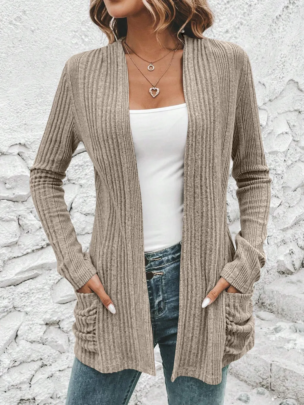 Autumn And Winter New Long Sleeve Solid Color Mid-length Knitted Cardigan Pocket Coat Sweater Women - Khaki