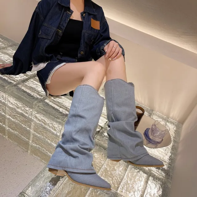 Long Boots Female Pointed High Heel Tall Knight Boots Blue - Shop at LoveMi