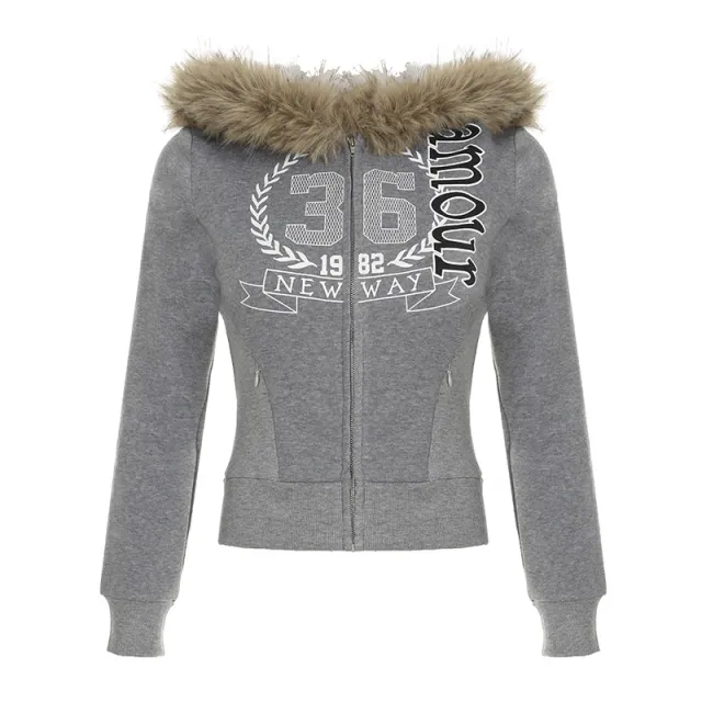 American Vintage Letter Print Fur Collar Hooded Zipper Sweatshirt Gray - Shop at LoveMi