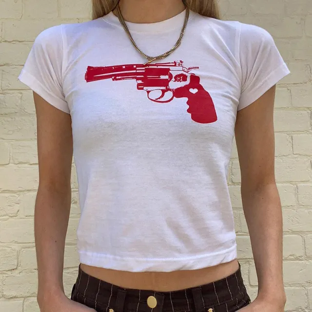 Women's Pistol Funny Print Cropped T shirt White - Shop at LoveMi