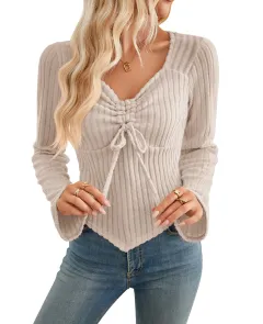 Women's Ruffled Long Sleeve Striped Cropped Top T-Shirt - Apricot - View 1