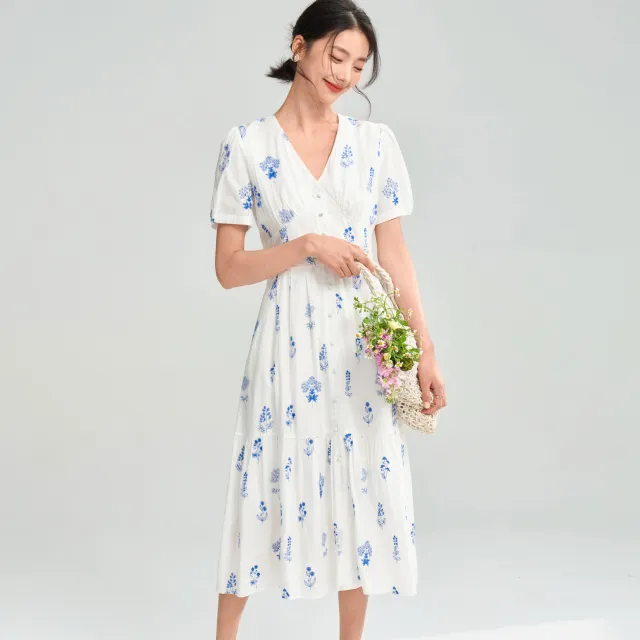 Pure Cotton French Simplicity V neck Waist controlled Slimming Elegant Floral Dress Floral - Shop at LoveMi