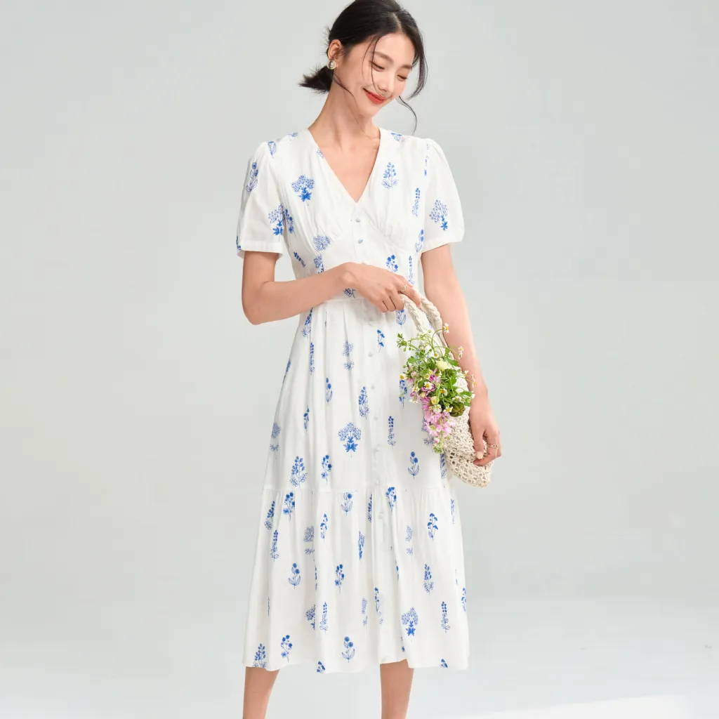 Pure Cotton French Simplicity V-neck Waist-controlled Slimming Elegant Floral Dress - Floral