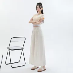 Summer Thin Design High Waist With Straps Slimming And Straight Drape Cropped Wide-leg Pants Skirt - Beige - View 1