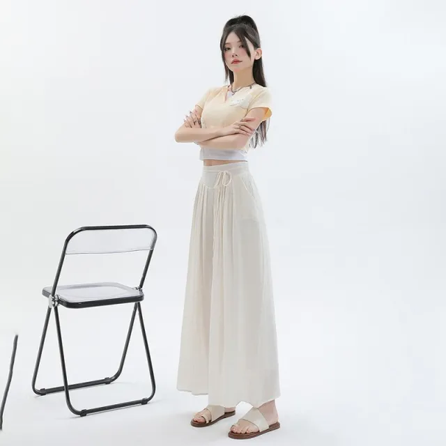 Summer Thin Design High Waist With Straps Slimming And Straight Drape Cropped Wide leg Pants Skirt Beige - Shop at LoveMi