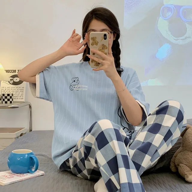 Summer Pajamas Women's Short sleeved Trousers Round Neck Cotton Homewear Cartoon Suit Yne1018 Style - Shop at LoveMi