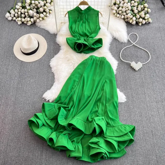 Stand Collar Ruffled Sleeveless Top High Waist Fishtail Skirt Suit Green - Shop at LoveMi