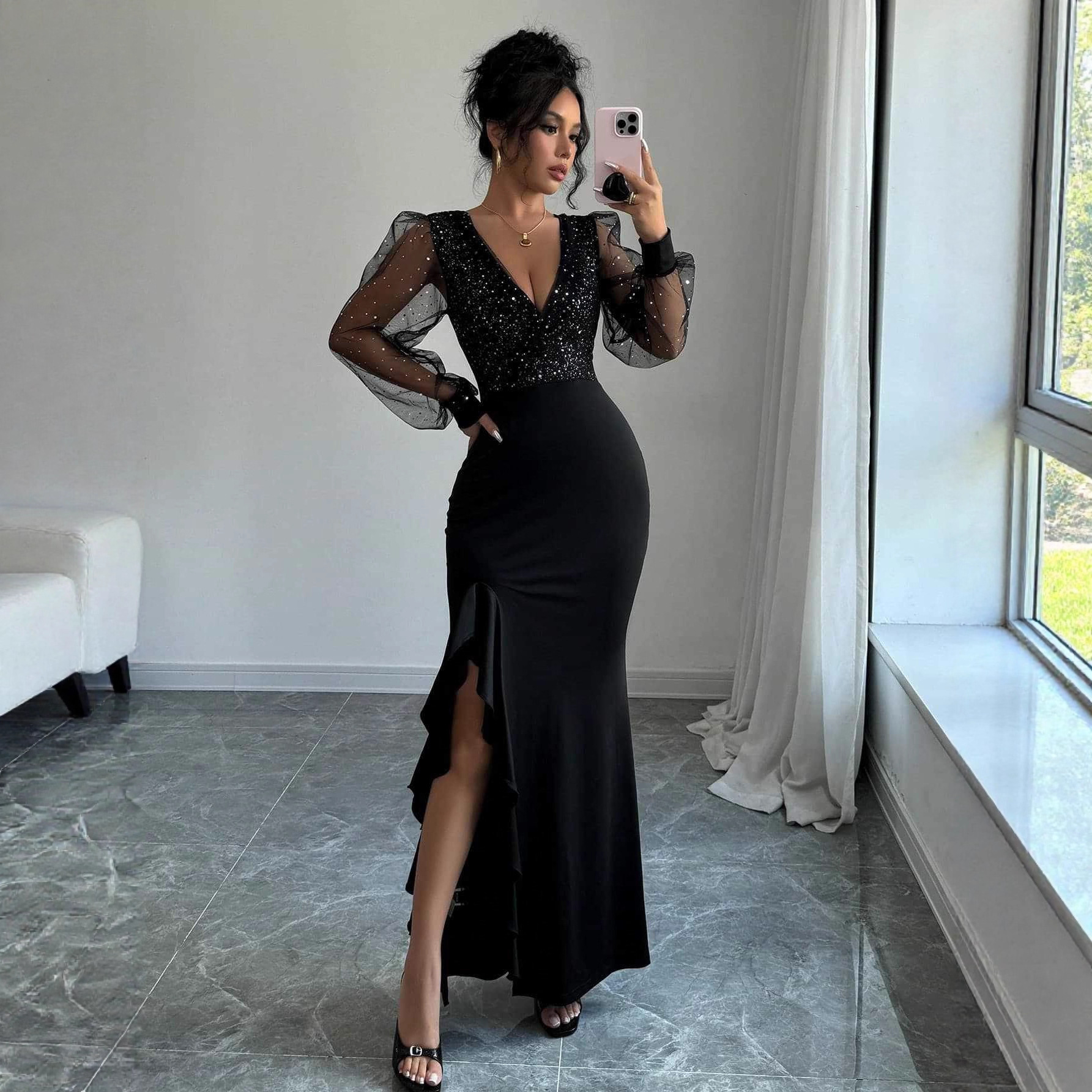 Womens V-neck High-waisted Slim-fit Sequin-panel Elastic Maxi Dress