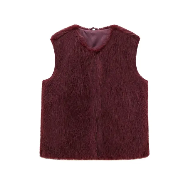 Women's New French Minority Faux Fur Sleeveless Crew Neck Vest Wine Red - Shop at LoveMi