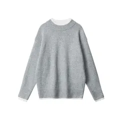 Fake Two Pieces Sweaters Autumn And Winter Trends Loose Round Neck - Flower Gray - View 1