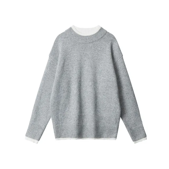 Fake Two Pieces Sweaters Autumn And Winter Trends Loose Round Neck Flower Gray - Shop at LoveMi