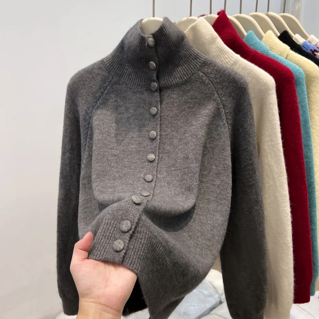 Women's Turtleneck Single-breasted Cardigan Loose And Lazy Style Knitted Sweater - Grey